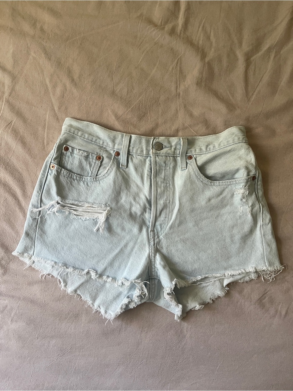 Levi’s 501 Denim Light Wash Distressed Women's Shorts, Size 28